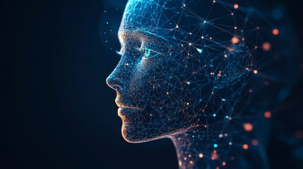 Poster - AI uses computer graphics to analyze information and data. A low-poly face represents the AI, showcasing its futuristic potential in machine learning.