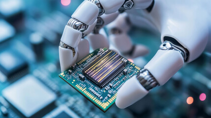 Poster - A robotic hand grips a tiny computer chip. This represents the power of artificial intelligence (AI) in designing advanced technology. The image highlights the future of computing.