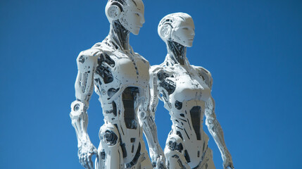 Two robot figures, a man and a woman, stand against a blue background. Their bodies are made of white metal, showing their advanced robotic design. They represent futuristic characters.