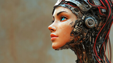 Poster - A female robot, or cyborg, with a thinking brain looks to the side. Her robotic head is wired to a powerful computer. Her artificial face, beautiful and lifelike, gazes upwards.