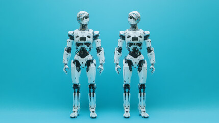 Poster - Two robot figures, a man and a woman, stand against a blue background. Their bodies are made of white metal, showing their advanced robotic design. They represent futuristic characters.