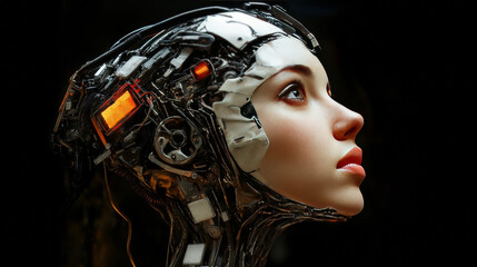 Poster - A female robot, or cyborg, with a thinking brain looks to the side. Her robotic head is wired to a powerful computer. Her artificial face, beautiful and lifelike, gazes upwards.