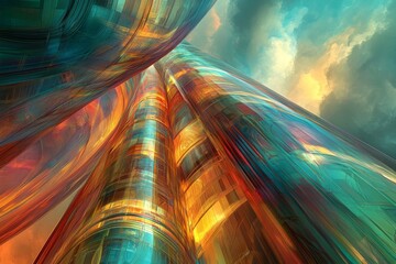 Canvas Print - Abstract color background showcasing a futuristic skyscraper, highlighted by vibrant, swirling colors and patterns.