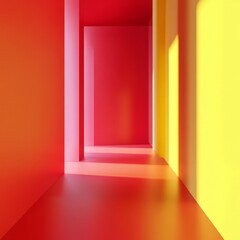 Poster - colorful abstract interior featuring bold red, yellow, and pink geometric shapes with sunlight casti