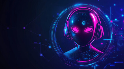 Poster - A friendly robot woman, designed to help with online technical support. Her image is a round icon with a headset and microphone, representing an AI chatbot.