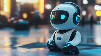 Poster - A friendly robot woman, designed to help with online technical support. Her image is a round icon with a headset and microphone, representing an AI chatbot.