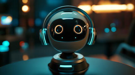 Poster - A friendly robot woman, designed to help with online technical support. Her image is a round icon with a headset and microphone, representing an AI chatbot.
