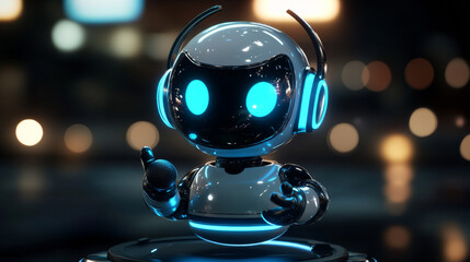 Poster - A friendly robot woman, designed to help with online technical support. Her image is a round icon with a headset and microphone, representing an AI chatbot.