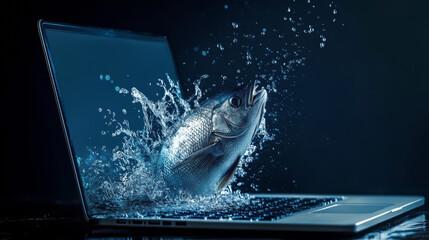 Poster - A hacker broke into a laptop, bypassing the password and attacking its security system. This is a phishing scam, where a cyber criminal steals personal information and banking details.