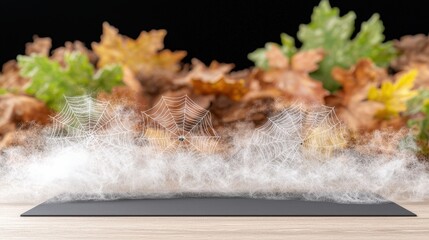 Canvas Print - Halloween Spider Webs with Black Background and Blurred Autumn Leaves