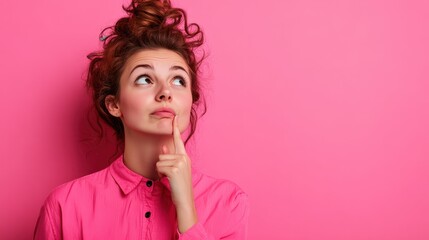 portrait of a young woman in pink shirt with finger on mouth looking up thinking, isolated on pink s