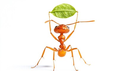 an ant lifting a small leaf fragment above its head using both hands, isolated on a clean white back