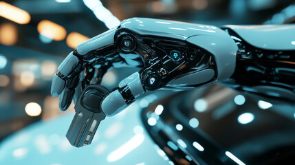 Poster - A robot hand holding a car key represents the idea of self-driving cars, a futuristic concept.