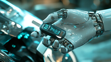 Poster - A robot hand holding a car key represents the idea of self-driving cars, a futuristic concept.