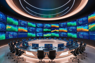 Poster - modern data monitoring room or control room with futuristic technology and a lot of computer screens 