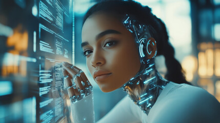 Poster - A beautiful robot woman sits in a human's hand,studying data on a futuristic screen.This cyborg uses artificial intelligence to work with complex information and powerful technology. This shows how AI