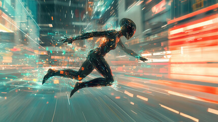 Poster - A robot with artificial intelligence,  runs through a digital world on a phone screen.  She moves incredibly fast, powered by high-speed internet and advanced technology.
