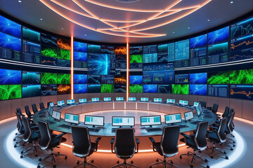 Poster - modern data monitoring room or control room with futuristic technology and a lot of computer screens 