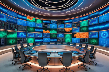 Poster - modern data monitoring room or control room with futuristic technology and a lot of computer screens 