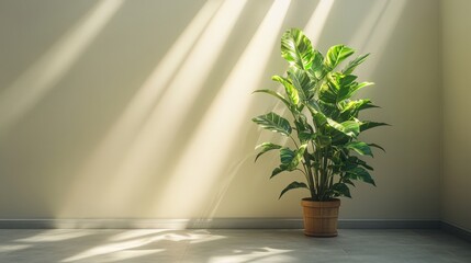 Poster - Minimalist Room with Plant and Sunbeams   Interior Design Mockup