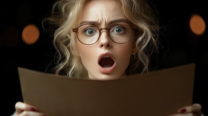 woman with glasses reading a note with a shocked expression