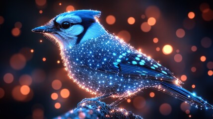 Wall Mural - a blue jay bird is depicted in a digital, sparkling, and abstract style against a dark background wi
