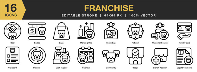 Wall Mural - Franchise icon set. Editable Stroke Icon Collection. Includes badge, bags, branch addition, calendar, cash register, clipboard, and More. Outline icons vector collection.