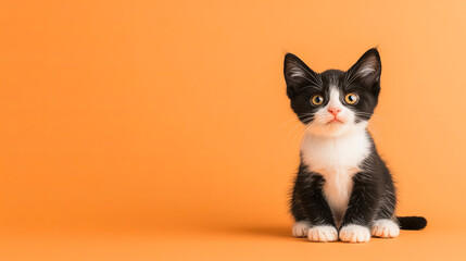 A playful black and white kitten sits against vibrant orange background, showcasing its curious expression and fluffy fur. This adorable pet captures essence of joy and companionship