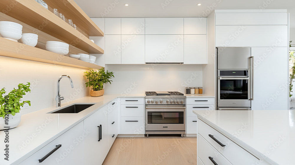 Modern kitchen design features sleek cabinetry, stainless steel ...