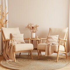 Two Armchairs with Cream Cushions and Throw Blankets in a Cozy Living Room Setting