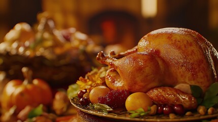 A perfectly roasted turkey is elegantly resting atop a large plate filled with an array of delicious food on a beautifully set table