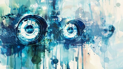 Canvas Print - Cyber security themes depicted in watercolor style.