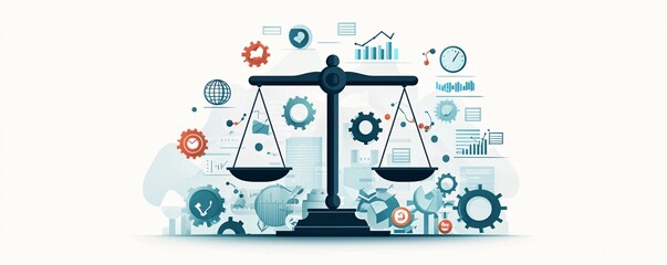Poster - Illustration of a balance scale weighing different economic policies, concept of fiscal responsibility and economic balance