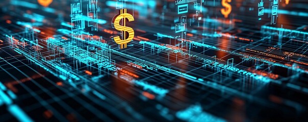 Poster - Abstract digital rendering of economic policy shifts represented by moving currency symbols, concept of market impact
