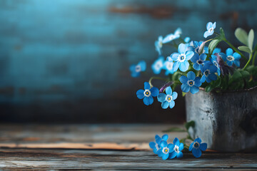 Canvas Print - Composition with Forget-me-nots flowers on wooden background