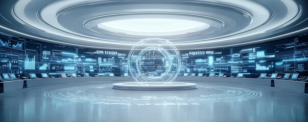 Poster - Visual of economic policy documents being reviewed in a futuristic legislative chamber, concept of high-tech governance