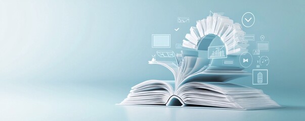 Poster - Abstract depiction of economic policy impacting education, illustrated through digital books and learning symbols