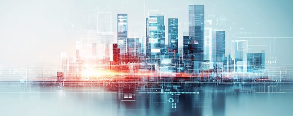 Poster - illustration of a futuristic city where economic policy drives innovation, represented by digital bl