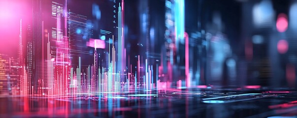 Poster - Futuristic cityscape with holographic charts displaying economic policy metrics, concept of modern urban economic planning