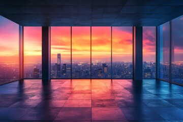 Canvas Print - A large empty room with a view of the city and a sunset