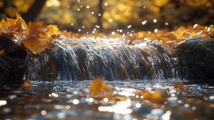 Poster - A small waterfall flows over rocks, surrounded by autumn leaves. The water is sparkling in the sunlight, and the leaves are a beautiful golden color.