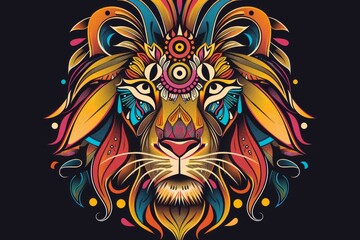 Wall Mural - Minimalist lion head with colorful tribal decorations.