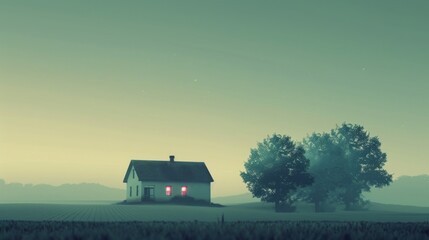 Poster - A small house is in the middle of a field. The house is surrounded by trees and the sky is cloudy