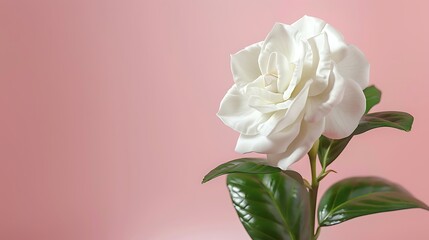 A delicate white gardenia flower isolated on a soft pink background.