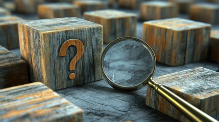 Poster - A magnifying glass beside wooden blocks with a question mark, suggesting inquiry or mystery.