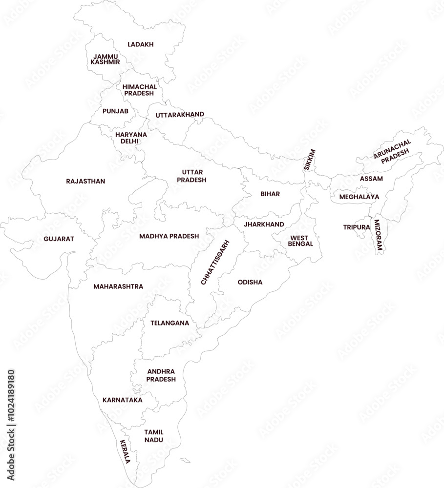 Highly Detailed Vector Illustration Of India Map With Outline State Highly Detailed Vector Illustration Of India Map With Outline State