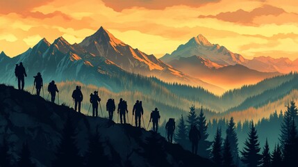 2410_125.simplified outdoor adventure graphic, silhouetted group of explorers, multi-tiered mountain vista, conifer forest silhouettes, color scheme variations from dawn to dusk, inspirational travel