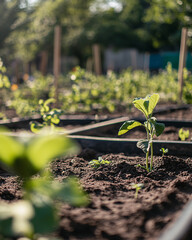 closeup of a small green plant growing in a garden bed with brown soil and a blurred background of lush green foliage