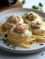 pasta in the form of four nests of flat pasta stacked on a white plate with smooth edges