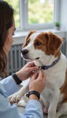 Close up of veterinarian carefully fastening dog's collar, calm and caring atmosphere with soft natural light